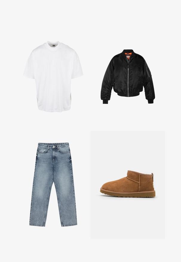 Svart bomberjakke laget av blank nylonstoff med ribbede mansjetter, glidelås foran og oransjefôr. Har en glidelåslomme på ermet.; Hvit bomulls t-skjorte med avslappet passform, korte ermer og rund hals, med rett kant og uten synlige grafikk eller mønstre.; Lys blå denimjeans med rett benkutt, synlige sømmer, fem lommers design og knappelukking i livet.; Tan semsket ankelstøvel med rund tå, subtile stikninger og en teksturert gummisåle. Kort høyde uten snøring.