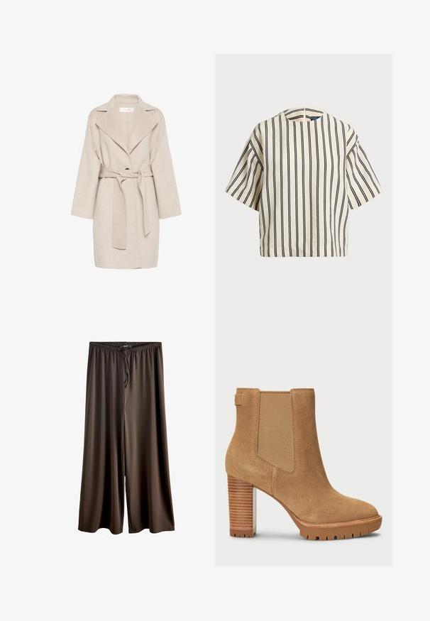 Palton bej deschis cu guler în stil notch, mâneci 3/4 și curea. Fabricat dintr-un material moale, texturat, cu închidere cu un singur buton.; Cămașă cu mâneci scurte, cu dungi în nuanțe de crem și bleumarin, având un decolteu rotund și un design dreptunghiular dintr-un material texturat.; Pantaloni evazați maro, confecționați dintr-un material neted și ușor. Au o talie elastică cu șnur pentru o ajustare confortabilă.; Botine din suede bej cu toc pătrat, panou elastic pe laturi și talpă din cauciuc cu un model de textură pentru aderență.