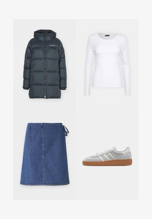 Sötét tengerészkék puffertakó kapucnival, cipzáros elöl, vízszintes tűzött mintával és logóval a mellkasán. Az anyag sima textúrával rendelkezik.; Fehér bordás, hosszú ujjú felső, kerek nyakkivágással. Rugalmas anyagból készült, amely követi a test vonalát. Finom vízszintes csíkokkal díszített.; Sötétkék farmer rakott szoknya. Egyenes vonalú fazon, látható varrásokkal és oldalsó megkötéssel a méretállításhoz. Simább textúra és szabványos alj.; Világosszürke velúr sportcipő fehér bőrcsíkkal, három fehér csíkkal és barna gumitalppal, párnázott bokarésszel a kényelem érdekében.