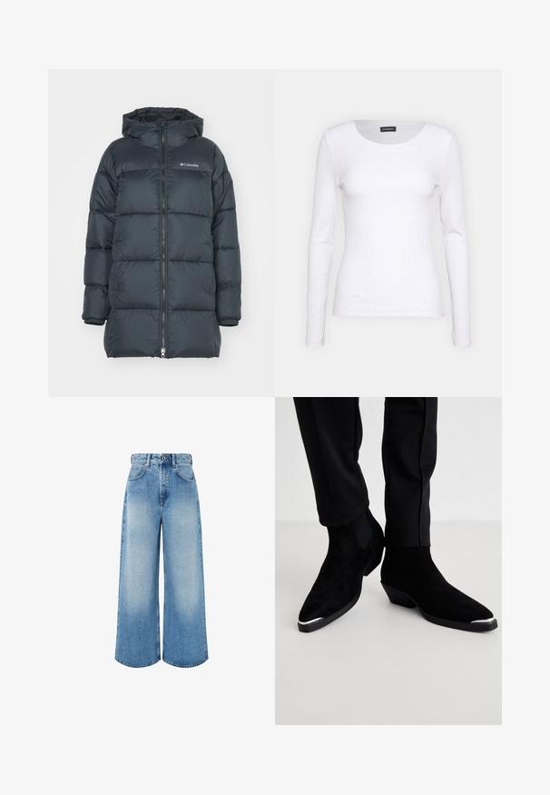 Tmavě námořnická péřová bunda s kapucí, má zipový přední otvor, vodorovný prošívaný design a logo na hrudi. Materiál má hladkou strukturu.; Bílé žebrované tričko s dlouhým rukávem a kulatým výstřihem. Vyrobeno z elastické tkaniny, která obepíná tělo. Obsahuje jemné horizontální pruhy.; Světle modré široké džíny z denimu, s vysokým pasem, zapínáním na knoflík a jemným blednutím s čistými okraji nohavic.; Černé semišové kotníkové boty s špičatou špičkou a nízkým podpatkem. Mají stříbrný špičkový kryt a elastické postranní panely. Nosené s černými zúženými kalhotami.