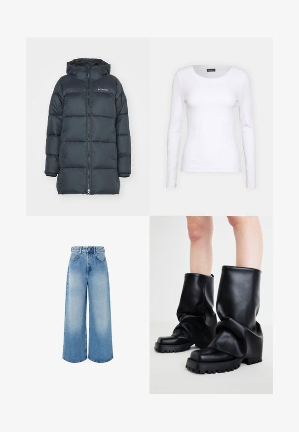 Veste matelassée d'un bleu marine foncé avec capuche, dotée d'une fermeture éclair à l'avant, d'un design matelassé horizontal et d'un logo sur la poitrine. Le matériau a une texture lisse.; T-shirt à manches longues blanc côtelé avec un col rond. Fabriqué en un tissu extensible qui épouse le corps. Présente de fines lignes horizontales.; Jeans bleu clair à jambe large en denim, dotés d'une taille haute, d'une fermeture à boutons et d'un léger dégradé avec des bords d'ourlet propres.; Steve Madden SHUTTER - Bottes à plateau - black