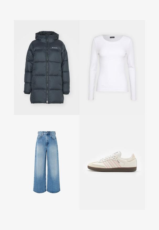 Temno modra puhovka s kapuco, ima zadrgo na sprednjem delu, horizontalno prešito zasnovo in logo na prsih. Material ima gladko teksturo.; Bela rebrasta majica z dolgimi rokavi in okruglim izrezom. Narejena iz elastičnega materiala, ki se prilega telesu. Značilen je diskreten horizontalni potisk.; Svijetloplave široke traperice izrađene od denima, s visokim strukom, gumbom za zatvaranje, suptilnim izblijeđivanjem i urednim rubovima.; Bele usnjene teniske z roza tridelnim vzorcem, z nubuk kapico in teksturiranim rjavim gumijastim podplatom. Imajo obložen ovratnik in klasičen oznaki na jeziku.