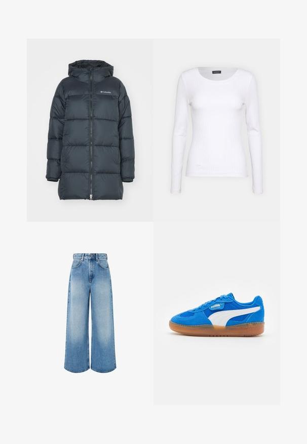 Mörk marinblå puffjacka med huva, har dragkedja fram, horisontellt quiltad design och logotyp på bröstet. Materialet har en slät textur.; Vit ribbad långärmad topp med rund halsringning. Tillverkad av ett elastiskt material som följer kroppens konturer. Har diskreta horisontella linjer.; Ljusblå vida jeans i denim med hög midja, knäppning och subtila blekningar med rena fållkanter.; Blå mockaskor med mesh-paneler, vita detaljer och en gummisula. Har snören och en logotags på sidan.