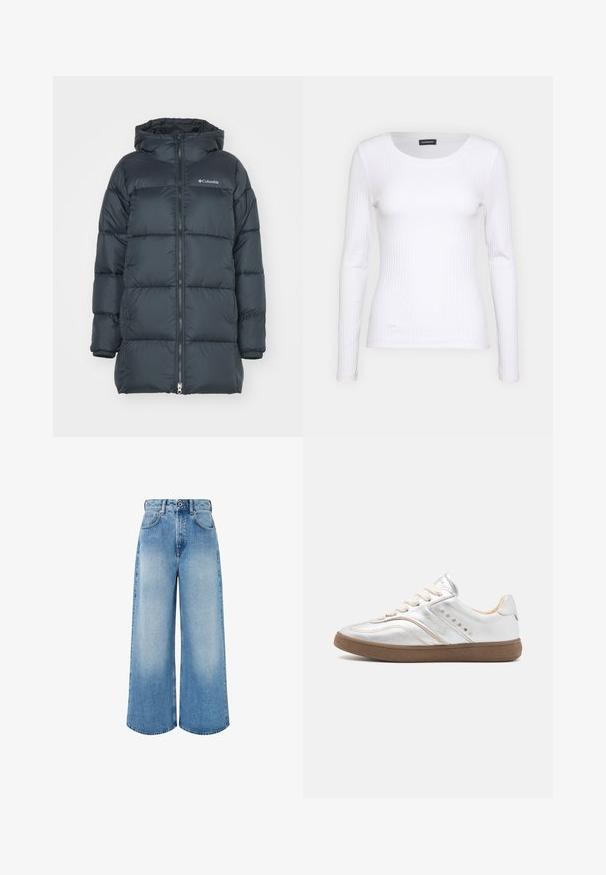 Ciemnoniebieska kurtka puchowa z kapturem, posiadająca zamek błyskawiczny z przodu, poziome przeszycia oraz logo na piersi. Materiał ma gładką fakturę.; Biała, prążkowana bluzka z długim rękawem i okrągłym dekoltem. Wykonana z elastycznej tkaniny, która dobrze przylega do ciała. Posiada subtelne poziome pasy.; Jasnoniebieskie dżinsy z szerokimi nogawkami, wykonane z denimu, z wysokim stanem, zapięciem na guzik oraz delikatnym przetarciem i równymi brzegami dołu.; Nubikk RAY OWEN srebrny