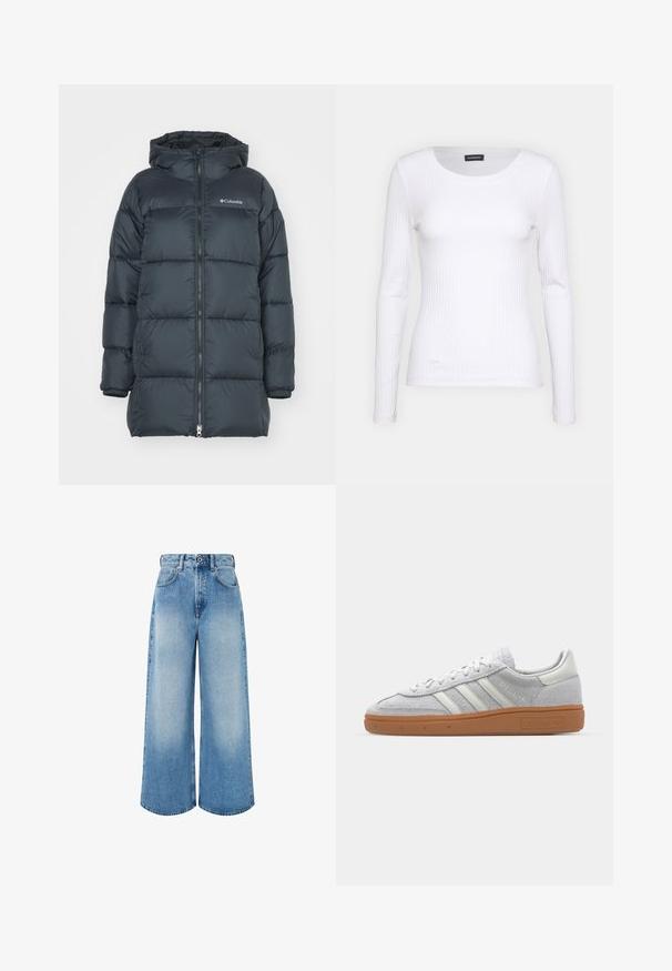 Donker marineblauwe pufferjack met een capuchon, voorzien van een ritssluiting aan de voorkant, horizontaal gestikte design en een logo op de borst. Het materiaal heeft een gladde textuur.; Witte geribbelde langemouwen top met een ronde halslijn. Gemaakt van een rekbare stof die het lichaam volgt. Heeft subtiele horizontale lijnen.; Lichtblauwe wijde jeans van denim, met een hoge taille, knoopsluiting en subtiele vervagingen met schone zoomranden.; Lichtgrijze suède sneaker met witte leren accenten, drie witte strepen en een bruine rubberen zool, met een gewatteerde kraag voor comfort.