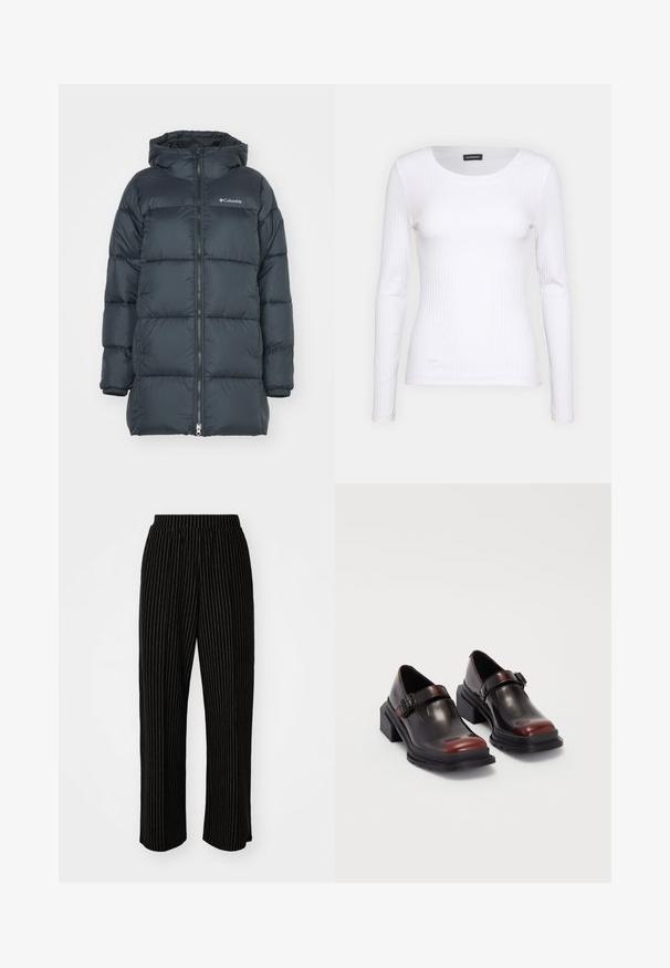 Dark navy puffer jacket with a hood, features a zippered front, horizontal quilted design, and logo on the chest. Material has a smooth texture.; White ribbed long-sleeve top with a round neckline. Made from a stretchy fabric that hugs the body. Features subtle horizontal lines.; Black, wide-leg pants with white vertical pinstripes, featuring an elastic waistband for comfort and a smooth, soft texture.; Leather block-heeled shoes with a shiny dark burgundy finish, featuring a buckle strap and rounded toe design. Textured outsole for grip.