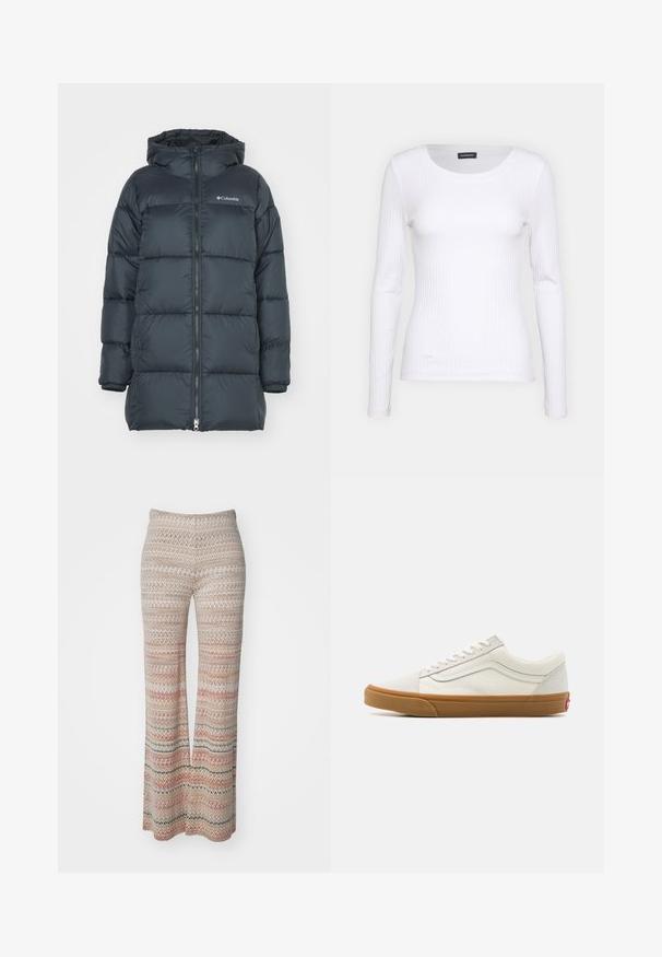 Dark navy puffer jacket with a hood, features a zippered front, horizontal quilted design, and logo on the chest. Material has a smooth texture.; White ribbed long-sleeve top with a round neckline. Made from a stretchy fabric that hugs the body. Features subtle horizontal lines.; Multi-colored knit pants with zigzag pattern, featuring a wide leg and elastic waistband. Material appears soft with a textured finish.; White canvas low-top sneakers with a gum rubber sole, round toe, lace-up closure, and side leather stripe detail.