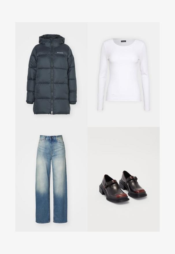 Casaco puff de cor azul marinho escuro com capuz, apresenta um fecho de correr na frente, design acolchoado horizontal e logótipo no peito. O material tem uma textura suave.; Top branco canelado de mangas longas com um decote redondo. Feito de um tecido elástico que se ajusta ao corpo. Apresenta linhas horizontais sutis.; Jeans de perna larga azul claro com cintura alta, feitos de denim, apresentando um degradê desbotado, cinco bolsos e detalhes em metal.; Sapatos de tacão bloco em couro com acabamento brilhante em bordeaux escuro, apresentando uma tira com fivela e design de bico arredondado. Sola texturizada para melhor aderência.