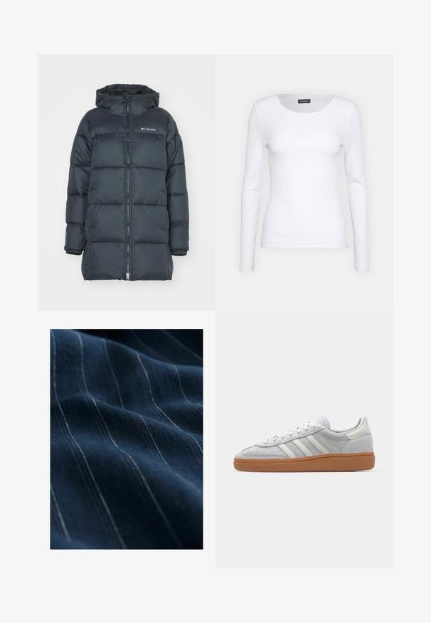 Tamsiai mėlynas pūkinis švarkas su gobtuvu, turi užtrauktuką priekyje, horizontalų siuvinėjimo dizainą ir logotipą ant krūtinės. Medžiaga yra lygaus paviršiaus.; Balta, raukšlėta ilgarankovė palaidinė su apvalia iškirpte. Pagaminta iš elastingos medžiagos, kuri prisitaiko prie kūno. Pasipuošusi subtiliomis horizontaliosiomis linijomis.; Jūrinio stiliaus audinys su smulkiomis baltomis vertikaliomis juostelėmis, rodantis lygų tekstūros paviršių ir lengvą blizgesį, sulankstytas, kad pabrėžtų jo kritimą ir švelnumą.; Šviesiai pilki zomšiniai sportbačiai su baltais odiniais akcentais, trimis baltomis juostelėmis ir rudą guminę pada, turintys paminkštintą apykaklę patogumui.