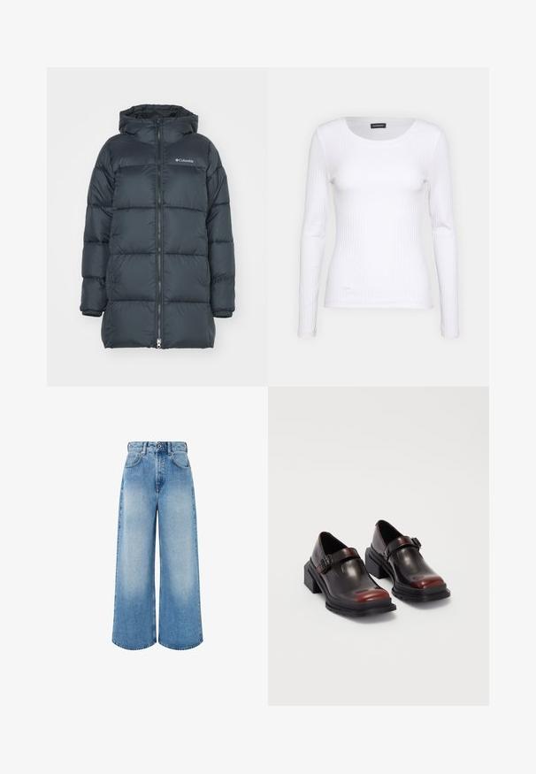 Temno modra puhovka s kapuco, ima zadrgo na sprednjem delu, horizontalno prešito zasnovo in logo na prsih. Material ima gladko teksturo.; Bela rebrasta majica z dolgimi rokavi in okruglim izrezom. Narejena iz elastičnega materiala, ki se prilega telesu. Značilen je diskreten horizontalni potisk.; Svijetloplave široke traperice izrađene od denima, s visokim strukom, gumbom za zatvaranje, suptilnim izblijeđivanjem i urednim rubovima.; Usnjeni čevlji z blok peto v sijočem temno burgundskem odtenku, s sponko in obliko okrogle pointe. Struktura podplata za dober oprijem.