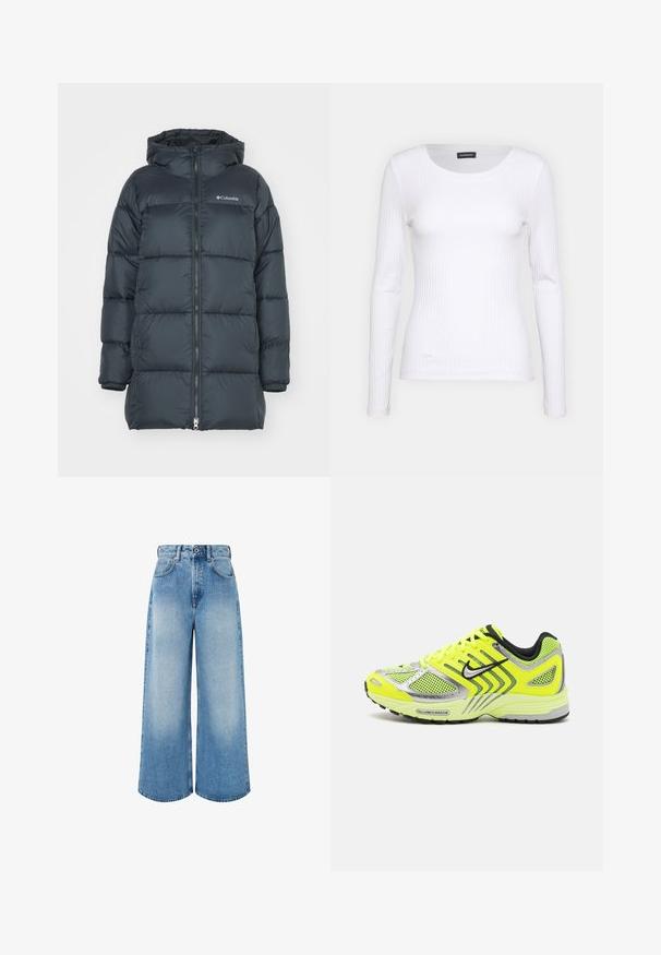 Giacca puffer di un blu scuro con cappuccio, presenta una chiusura con zip, design a righe orizzontali e logo sul petto. Il materiale ha una texture liscia.; Top a maniche lunghe bianco con collo rotondo. Realizzato in un tessuto elasticizzato che si adatta al corpo. Presenta delle sottili righe orizzontali.; Jeans a gamba larga di colore azzurro chiaro in denim, con vita alta, chiusura con bottone e leggera scoloritura con orli puliti.; Scarpe da corsa giallo neon con pannelli in rete, accenti argentati, dettagli neri e una suola texture. Caratteristiche includono lacci e colletto imbottito.