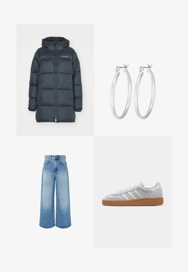 Tummansininen puhallettava takki hupulla, jossa on vetoketjullinen etuosa, vaakasuuntainen tikkaus ja logo rinnassa. Materiaali on sileä.; Valkoinen raidallinen pitkähihainen paita, jossa on pyöreä pääntie. Valmistettu stretch-kankaasta, joka myötäilee vartaloa. Sisältää hillittyjä vaakasuoria viivoja.; Vaaleansiniset leveälahkeiset farkut, joissa on korkea vyötärö, napitus ja hienovarainen kuluminen puhtaine helman reunoineen.; Vaaleanharmaat mokkanahkakengät, joissa on valkoiset nahkaosat, kolme valkoista raitaa ja ruskea kumipohja, ja joissa on pehmustettu varsi mukavuutta varten.; Hope-silver rengas, joissa on sileä ja kiillotettu pinta. Pyöreä muoto ja turvallinen napsautettava lukitus. Kevyt muotoilu sopii päivittäiseen käyttöön.