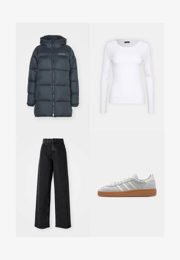 Temno modra puhovka s kapuco, ima zadrgo na sprednjem delu, horizontalno prešito zasnovo in logo na prsih. Material ima gladko teksturo.; Bela rebrasta majica z dolgimi rokavi in okruglim izrezom. Narejena iz elastičnega materiala, ki se prilega telesu. Značilen je diskreten horizontalni potisk.; Črne široke kavbojke z visokim pasom, izdelane iz denim materiala, s klasičnim oblikovanjem petih žepov in diskretnimi šivi.; Svjetlo sivi suedesni sportski cipeli s bijelim kožnim naglascima, tri bijele pruge i smeđi gumeni potplat, s podstavljenim ovratnikom za udobnost.