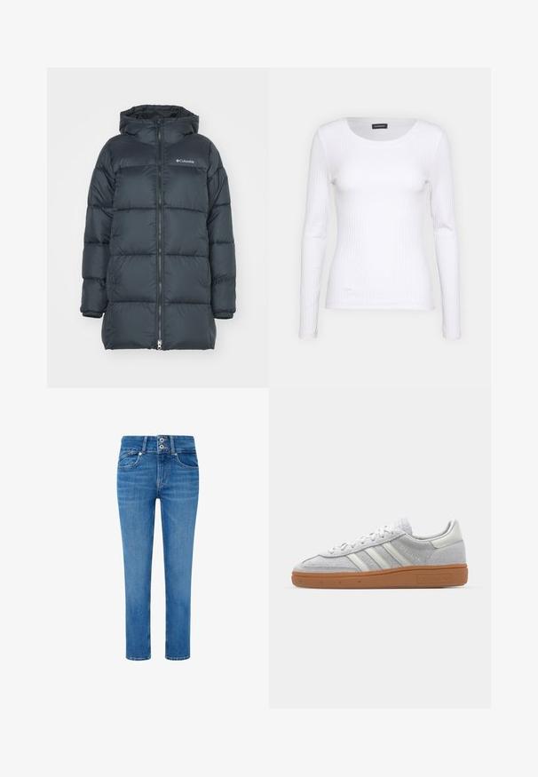 Temno modra puhovka s kapuco, ima zadrgo na sprednjem delu, horizontalno prešito zasnovo in logo na prsih. Material ima gladko teksturo.; Bela rebrasta majica z dolgimi rokavi in okruglim izrezom. Narejena iz elastičnega materiala, ki se prilega telesu. Značilen je diskreten horizontalni potisk.; Modre kavbojke s ravnim krojem, dvema sprednjima žepoma, gumbasto zapiranje z dvema gumboma in diskretnim bledenjem na nogah.; Svjetlo sivi suedesni sportski cipeli s bijelim kožnim naglascima, tri bijele pruge i smeđi gumeni potplat, s podstavljenim ovratnikom za udobnost.