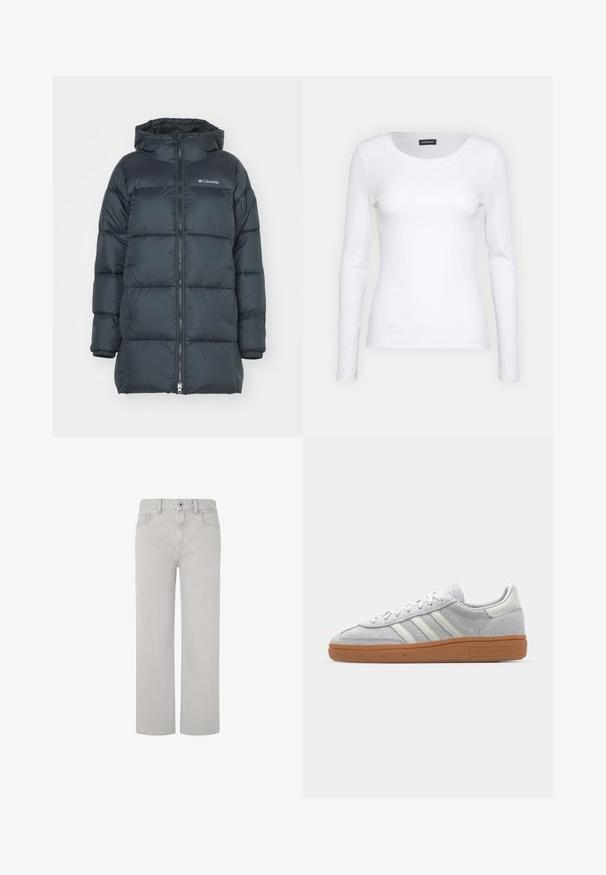 Tumši jūras spēka krāsas pūkains mētelis ar kapuci, ar aizdari priekšā, horizontālu pāršūtu dizainu un logo uz krūtīm. Materiāls ir gluds.; Balts ribots garām piedurknēm krekls ar apaļu kakla izgriezumu. Izgatavots no elastīga auduma, kas pieguļ ķermenim. Iezīmējas ar smalkām horizontālām līnijām.; Gaiši pelēkie džinsi ar taisno kāju dizainu, piecu kabatu stilu un klasisku pogu un rāvējslēdzēja aizdari. Izgatavoti no denima auduma.; Gai pelēki zamšīgās kedas ar baltām ādas detaļām, trim baltām līnijām un brūnu gumijas zoli, ar mīkstinātu apkakli komforta nodrošināšanai.