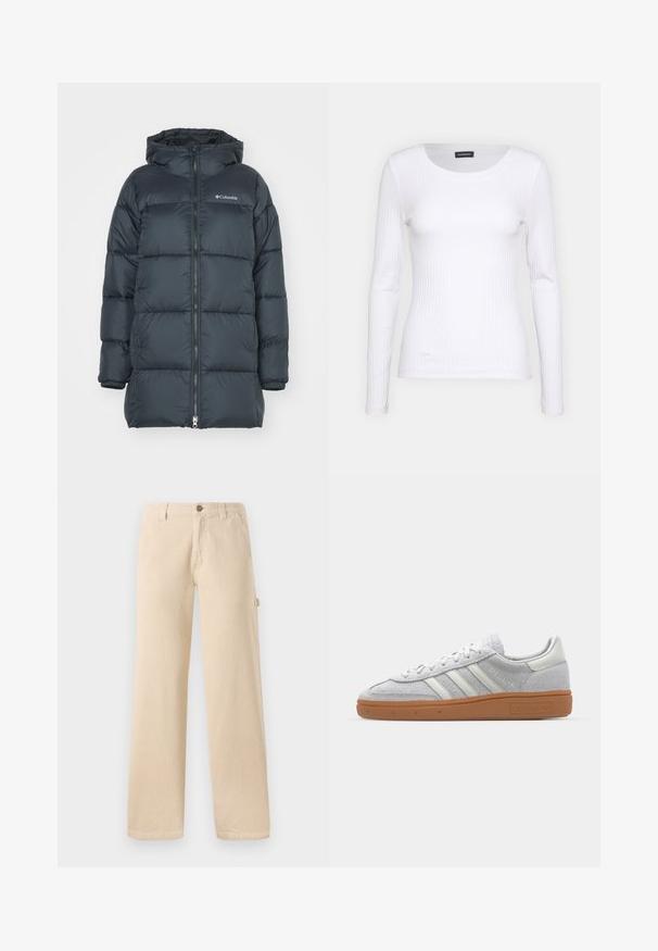 Tamsiai mėlynas pūkinis švarkas su gobtuvu, turi užtrauktuką priekyje, horizontalų siuvinėjimo dizainą ir logotipą ant krūtinės. Medžiaga yra lygaus paviršiaus.; Balta, raukšlėta ilgarankovė palaidinė su apvalia iškirpte. Pagaminta iš elastingos medžiagos, kuri prisitaiko prie kūno. Pasipuošusi subtiliomis horizontaliosiomis linijomis.; Šviesiai rudos kordūro kelnes su plačiais kojų kirpimais, vertikaliu įribuoto tekstūru, priekinėmis kišenėmis ir šonine sagos detale.; Šviesiai pilki zomšiniai sportbačiai su baltais odiniais akcentais, trimis baltomis juostelėmis ir rudą guminę pada, turintys paminkštintą apykaklę patogumui.