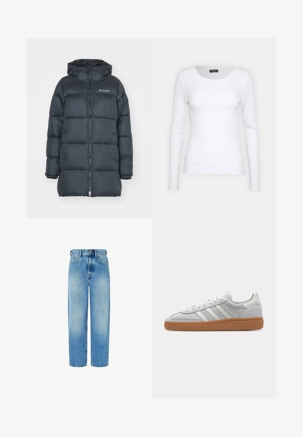 Tmavě námořnická péřová bunda s kapucí, má zipový přední otvor, vodorovný prošívaný design a logo na hrudi. Materiál má hladkou strukturu.; Bílé žebrované tričko s dlouhým rukávem a kulatým výstřihem. Vyrobeno z elastické tkaniny, která obepíná tělo. Obsahuje jemné horizontální pruhy.; Svetle modré džínové kalhoty se rovnými nohavicemi, vysokým pasem, předními kapsami a zapínáním na knoflík. Mají jemné vyblednutí a žádné ozdoby.; Svetle šedé nubukové tenisky s bílými koženými akcenty, třemi bílými pruhy a hnědou gumovou podrážkou, s polstrovaným límcem pro pohodlí.