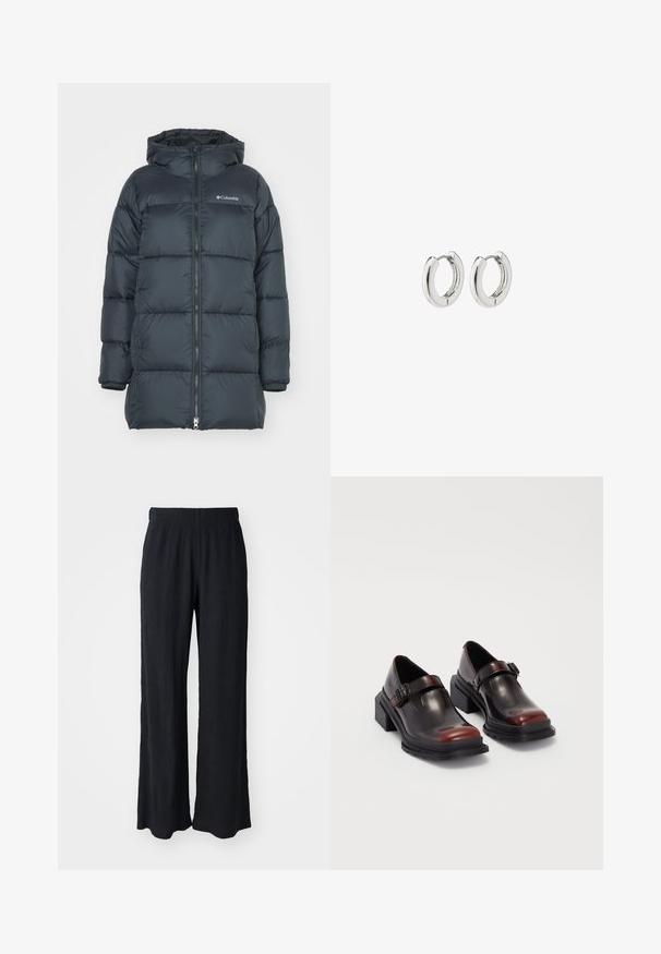 Dunkelblaue Steppjacke mit Kapuze, verfügt über einen Reißverschluss an der Vorderseite, horizontales Steppmuster und ein Logo auf der Brust. Das Material hat eine glatte Textur.; Weißes geripptes Langarmoberteil mit Rundhalsausschnitt. Aus einem dehnbaren Stoff gefertigt, der den Körper umschmeichelt. Verfügt über dezente horizontale Streifen.; Schwarze, weit geschnittene Hose aus strukturiertem Stoff mit elastischem Bund. Sie zeichnet sich durch eine lockere Passform und ein weiches, fließendes Design aus.; Leder-Blockabsatzschuhe mit glänzender dunkelburgunderfarbener Oberfläche, ausgestattet mit einem Schnallenriemen und einem runden Zehendesign. Texturierte Außensohle für besseren Grip.; Silberne Creolen mit einem polierten Finish, die ein kreisförmiges Design und nahtlose Scharniere aufweisen und eine glatte Textur präsentieren.