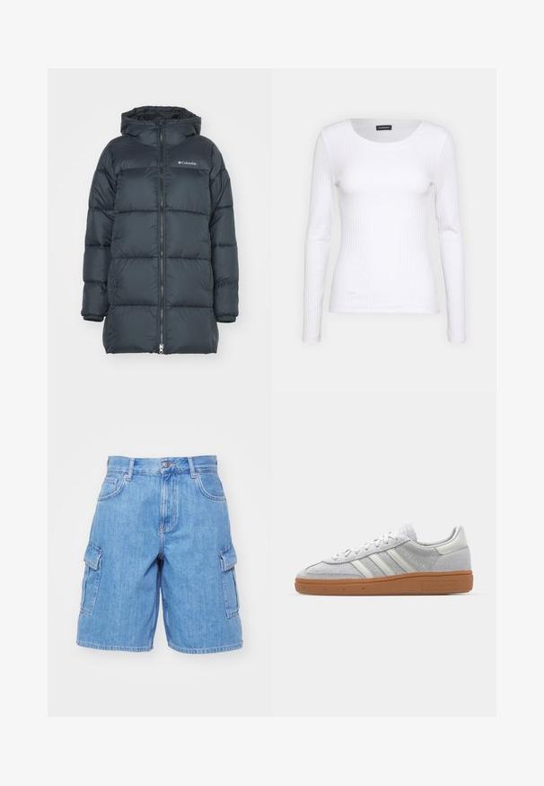 Casaco puff de cor azul marinho escuro com capuz, apresenta um fecho de correr na frente, design acolchoado horizontal e logótipo no peito. O material tem uma textura suave.; Top branco canelado de mangas longas com um decote redondo. Feito de um tecido elástico que se ajusta ao corpo. Apresenta linhas horizontais sutis.; Calças de ganga cargo em azul claro, com dois bolsos laterais, fecho de botão, passantes para cinto e um corte descontraído. Tecido de textura suave.; Sapatilha de camurça cinza claro com acabamentos em pele branca, três riscas brancas e sola de borracha castanha, apresentando um colarinho almofadado para conforto.