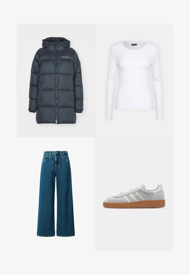 Chaqueta acolchada de color azul marino oscuro con capucha, presenta un cierre frontal con cremallera, diseño acolchado horizontal y un logo en el pecho. El material tiene una textura suave.; Top de manga larga blanco con cuello redondo. Fabricado en una tela elástica que se ajusta al cuerpo. Presenta sutiles líneas horizontales.; Jeans de pierna ancha de talle alto, hechos de denim azul oscuro. Presentan cinco bolsillos, pasadores para cinturón y costuras visibles a lo largo de las costuras.; Zapatillas de ante gris claro con acentos de cuero blanco, tres franjas blancas y una suela de goma marrón, que cuentan con un cuello acolchado para mayor comodidad.