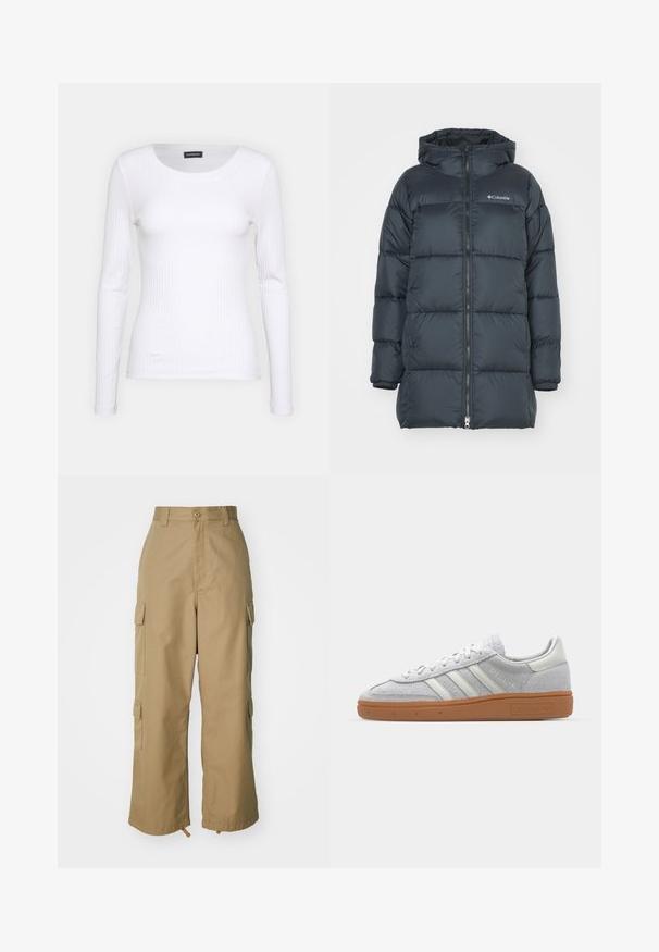 Dark navy puffer jacket with a hood, features a zippered front, horizontal quilted design, and logo on the chest. Material has a smooth texture.; White ribbed long-sleeve top with a round neckline. Made from a stretchy fabric that hugs the body. Features subtle horizontal lines.; Beige cargo pants with a high waist, wide legs, and four large side pockets. Made of durable fabric with a smooth texture and minimal detail.; Light grey suede sneaker with white leather accents, three white stripes, and a brown rubber sole, featuring a padded collar for comfort.