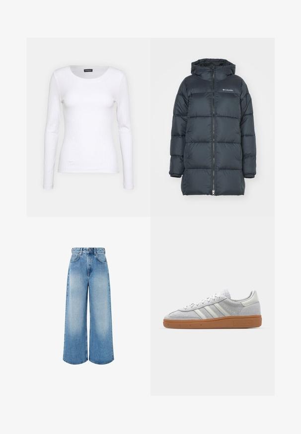 Mørkeblå dunjakke med hætte, har lynlås foran, horisontalt quiltet design og logo på brystet. Materialet har en glat tekstur.; Hvid ribbet langærmet trøje med rund halsudskæring. Fremstillet af et strækstof, der sidder tæt til kroppen. Har subtile horisontale linjer.; Lyseblå vidde jeans lavet af denim, med høj talje, knaplukning og subtil falmning med rene kantkanter.; Lys grå ruskinds sneaker med hvide læderdetaljer, tre hvide striber og en brun gummisål, der har en polstret krave for komfort.