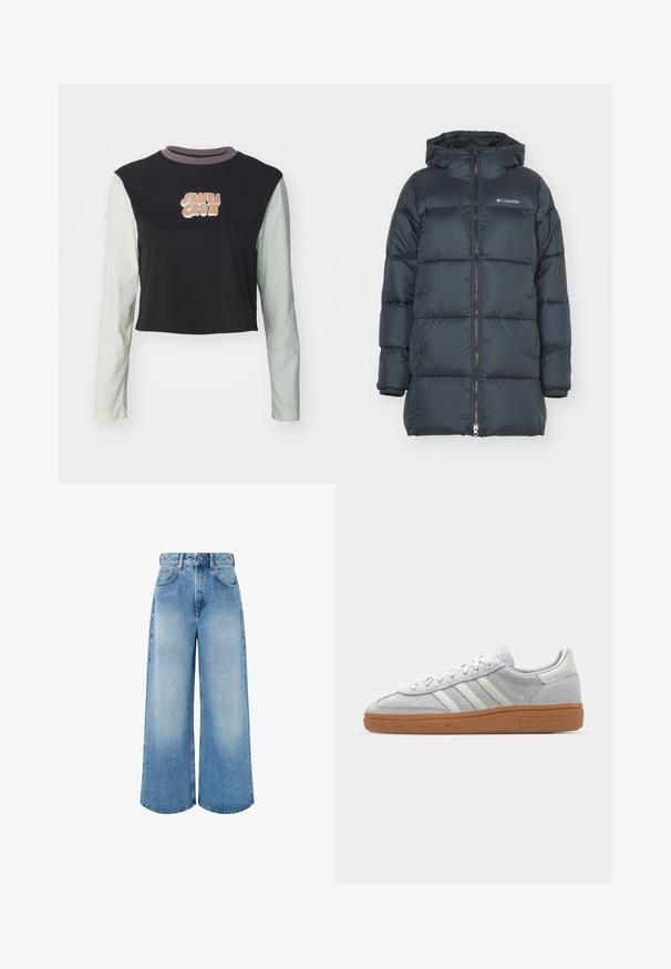 Donker marineblauwe pufferjack met een capuchon, voorzien van een ritssluiting aan de voorkant, horizontaal gestikte design en een logo op de borst. Het materiaal heeft een gladde textuur.; Afgeknotte lange mouwen shirt met een zwarte romp en lichtgrijze, witte en mintgroene mouwen, en een "SANTA CRUZ" grafiek op de borst.; Lichtblauwe wijde jeans van denim, met een hoge taille, knoopsluiting en subtiele vervagingen met schone zoomranden.; Lichtgrijze suède sneaker met witte leren accenten, drie witte strepen en een bruine rubberen zool, met een gewatteerde kraag voor comfort.