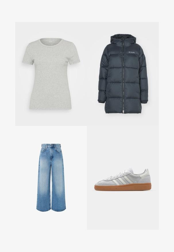 Tmavě námořnická péřová bunda s kapucí, má zipový přední otvor, vodorovný prošívaný design a logo na hrudi. Materiál má hladkou strukturu.; GAP Jednoduché tričko - heather grey; Světle modré široké džíny z denimu, s vysokým pasem, zapínáním na knoflík a jemným blednutím s čistými okraji nohavic.; Svetle šedé nubukové tenisky s bílými koženými akcenty, třemi bílými pruhy a hnědou gumovou podrážkou, s polstrovaným límcem pro pohodlí.