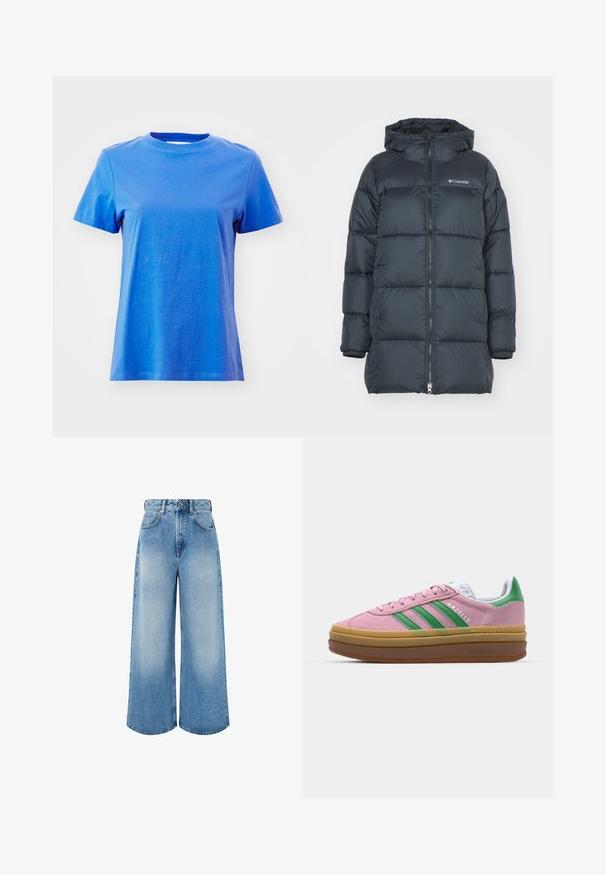 Tmavomodrý prešívaný kabát s kapucňou, má zips na prednej strane, horizontálny prešívaný dizajn a logo na hrudi. Materiál má hladkú štruktúru.; Modrá krátkorpová tričko s okrúhlim výstrihom vyrobené z jemnej bavlnenej látky, s hladkou textúrou a klasickým strihom bez viditeľných vzorov.; Svetlomodré nohavice s širokými nohavicami vyrobené z denimu, s vysokým pásom, zapínaním na gombík a jemným prešúchaním s čistými okrajmi nohavíc.; Ružové semišové tenisky so zelenými pruhmi, bielymi akcentmi a hnedou gumovou podrážkou. Obsahujú textúrovanú tkaninu a logo na boku.