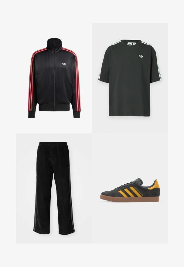 Black track jacket with a high collar, featuring vertical ribbing, red striped accents on sleeves, and a small white logo on the chest.; Black cotton t-shirt with short sleeves, crew neckline, and white three-stripe detailing on shoulders. Features a small white logo on chest.; Black corduroy pants with a relaxed fit, featuring an elastic waistband and side stripes. Smooth texture with vertical ribbing detail.; Black suede sneaker with yellow accents, featuring three stripes and a brown rubber sole. Includes a padded tongue for comfort.