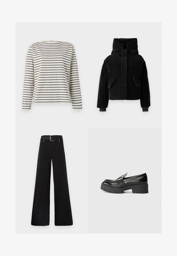 Czarna krótka kurtka puchowa z wysokim kołnierzem, dwoma przednimi kieszeniami i elastycznymi mankietami. Gładka tekstura z błyszczącym wykończeniem.; Koszula z długim rękawem wykonana z miękkiego materiału, z kremowym tłem i granatowymi poziomymi paskami oraz szerokim dekoltem w łódkę.; Czarne spodnie o szerokich nogawkach wykonane z bawełny, z wysokim stanem, dużymi bocznymi kieszeniami i paskiem w talii z akcentami w kolorze srebrnym.; Czarne skórzane mokasyny z masywną gumową podeszwą. Posiadają akcent w postaci klamry oraz przeszycia na górnej części. Płaski obcas.