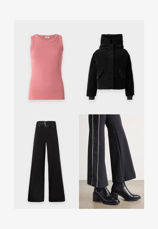 Sort cropped pufferjakke med høj krave, to forlommer og elastiske manchetter. Glat tekstur med en skinnende finish.; Lyserød ribbet tanktop med rund halsudskæring, uden ærmer og tætsiddende silhuet, fremstillet af et blødt, strækbart materiale.; Sorte brede bukser lavet af bomuld, med høj talje, store sidelommer og en bæltestrop med sølvfarvede detaljer.; Sorte læder ankelstøvler med blokhæle, udstyret med elastiske sidepaneler. Kombineret med sorte bukser, der har en hvid side stripe.