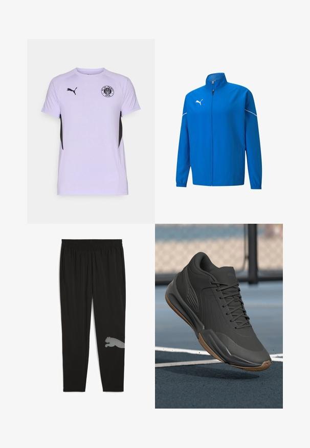 Blauwe lichtgewicht jas met een hoge kraag, rits aan de voorkant, elastische mouwen en witte accenten. Heeft een logo op de borst.; Lichtpaarse sport T-shirt met korte mouwen, zwarte accenten aan de zijkanten, en een ronde logo met de tekst "FC St. Pauli 1910."; Zwarte sportieve broek van lichtgewicht stof. Bevat een elastische tailleband, zijzakken en een reflecterend ontwerp van een poema op het onderbeen.; Zwarte sportieve schoen met een glad synthetisch bovenwerk, gestructureerde accenten en een gumrubberen zool, ontworpen voor prestaties en comfort.