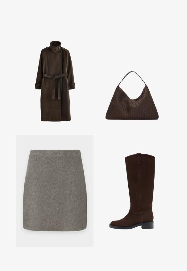 Manteau en laine brun avec un col haut, des détails de boutons aux épaules, des manches longues et une ceinture assortie à la taille. Finition en tissu texturé.; Pull en tricot gris clair avec un col montant, des épaules tombantes et des poignets et ourlet côtelés. Texture douce avec une coupe décontractée.; Jupe mini en tricot gris avec une taille côtelée, texture lisse et coupe droite, conçue pour une silhouette ajustée.; Bottes en suède marron, hautes jusqu'au genou, avec un bout rond, des coutures discrètes et un petit talon carré ; elles sont dotées d'une lanière à l'arrière pour faciliter l'enfilage.; Sac à main en cuir tissé marron avec une forme triangulaire et souple. Il possède une poignée tressée et une fermeture éclair sur le dessus.