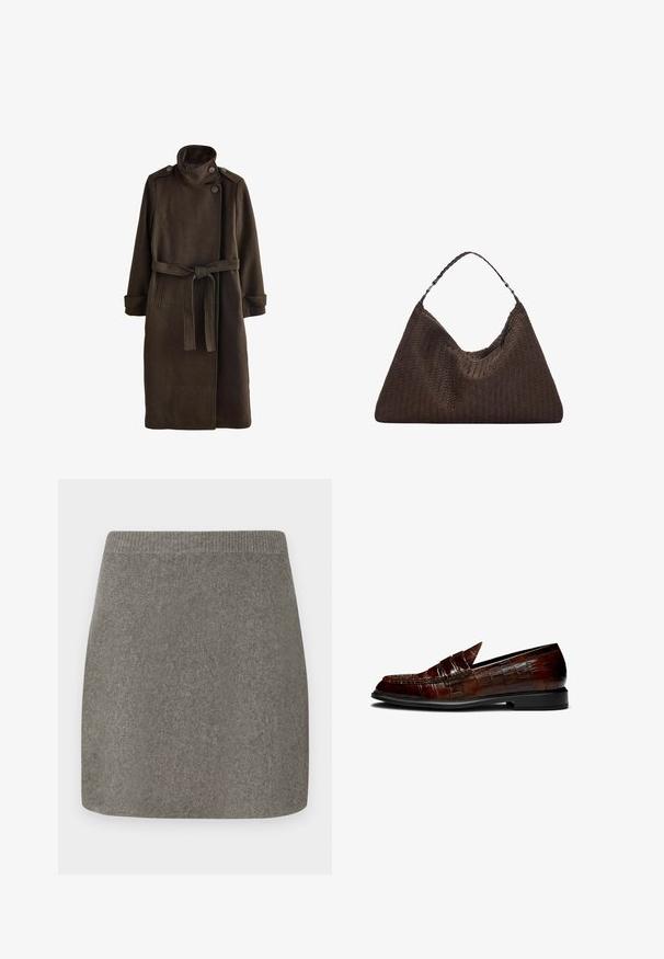 Brown wool coat with a high collar, buttoned shoulder details, long sleeves, and a matching belt at the waist. Textured fabric finish.; Light grey knitted pullover with a high neck, dropped shoulders, and ribbed cuffs and hem. Soft texture with a relaxed fit.; Gray knitted mini skirt with a ribbed waistband, smooth texture, and a straight cut, designed for a fitted silhouette.; Brown leather loafers with a crocodile texture, featuring a low heel and a pointed toe design. Accent stitching along the edges.; Brown woven leather handbag with a slouchy, triangular shape. Features a braided handle and a zipper closure along the top.