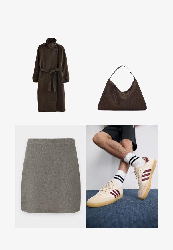 Palton maro din lână cu guler înalt, detalii cu nasturi pe umăr, mâneci lungi și o curea asortată la talie. Finisaj din țesătură texturată.; Pulover tricotat de culoare gri deschis, cu un guler înalt, umeri căzuți și manșete și tiv cu model ondulat. Textură moale cu o croială lejeră.; Fustă mini tricotată gri, cu un brâu texturat, textură netedă și croială dreaptă, concepută pentru un siluetă ajustată.; Tenisi bej cu dungi vișinii, plasă texturată, și talpă din cauciuc de tip gumă, asociați cu șosete albe cu dungi negre, cu o textură ribbed.; Geantă din piele împletită, de culoare maro, cu o formă triangulară, lejeră. Are un mâner împletit și închidere cu fermoar pe partea superioară.