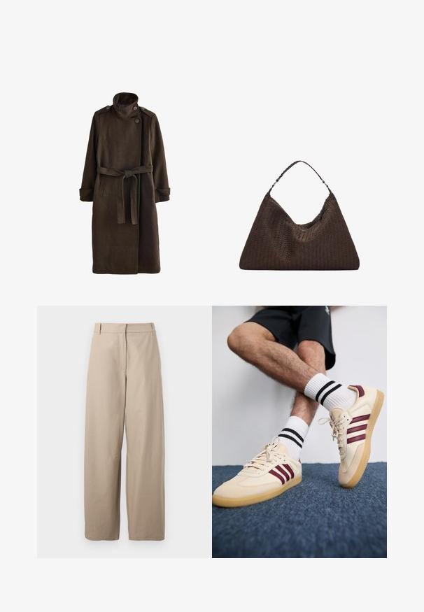 Bruine wollen jas met een hoge kraag, knoopdetails op de schouders, lange mouwen en een bijpassende riem in de taille. Gekartelde stofafwerking.; Lichtgrijze gebreide pullover met een hoge hals, verlaagde schouders en ribgebreide manchetten en zoom. Zachte textuur met een relaxte pasvorm.; Beige, wijde broek van katoen. Voorzien van een platte voorkant, twee zijzakken en een zachte textuur. Eenvoudig, functioneel ontwerp.; Beige sneakers met bordeauxrode strepen, een gestructureerde bovenkant en een gumrubberen zool, gecombineerd met geribde witte sokken met zwarte strepen.; Bruine geweven leren handtas met een slonzig, driehoekig model. Voorzien van een gevlochten handvat en een ritssluiting aan de bovenkant.