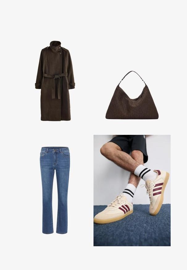 Hnědý vlněný kabát s vysokým límcem, zdobený knoflíkovými detaily na ramenech, dlouhými rukávy a odpovídajícím pásem v pase. Texturovaný povrch látky.; Svetle šedý pletený pulovr s vysokým límcem, spadlými rameny a žebrovanými manžetami a lemem. Měkká textura s uvolněným střihem.; Modré džíny z denimové látky s rovným střihem nohavic, přiléhavým pasem, poutky na opasek, pěti kapsami a malým hnědým knoflíkem v pase.; Béžové tenisky s kaštanovými pruhy, texturovaný svršek a podešev z gumy, spárované s bílými ponožkami s ribbovaným vzorem a černými pruhy.; Hnědá pletená kožená kabelka s uvolněným trojúhelníkovým tvarem. Disponuje spleteným uchem a zipovým uzavíráním na vrchu.