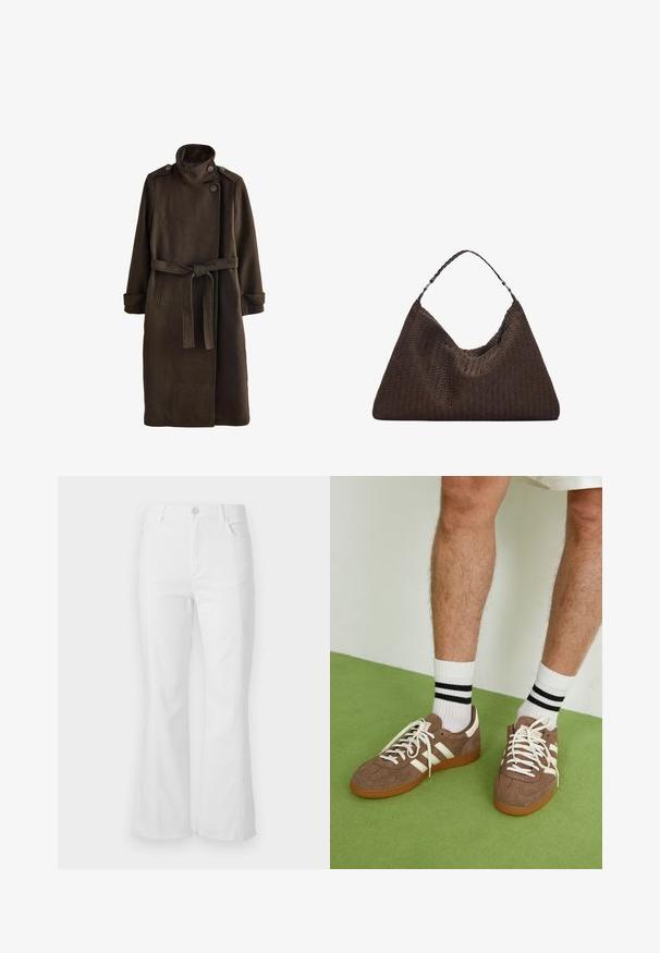 Smeđi vuneni kaput s visokim ovratnikom, dugmadima na ramenu, dugim rukavima i odgovarajućim remenom u struku. Tekstura tkanine.; Svijetlo sivi pleteni pulover s visokim ovratnikom, spuštenim ramenima i rebrastim manžetama i rubom. Mekana tekstura s opuštenim krojem.; Bijele flare traperice viskog struka, s prednjim džepovima i nerazrezanim rubom. Izrađene od denima s glatkom teksturom i minimalnim detaljima šavova.; Smeđe nubuk tenisice s bijelim detaljima i vezicama. Gumeni potplat. Nosene s bijelim čarapama s crnim prugama. Zeleno teksturirano pod.; Smeškan smeđi kožni torbica u obliku trokuta. Ima pletenu ručku i patentni zatvarač na vrhu.