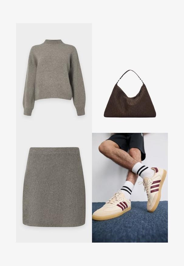Hnědý vlněný kabát s vysokým límcem, zdobený knoflíkovými detaily na ramenech, dlouhými rukávy a odpovídajícím pásem v pase. Texturovaný povrch látky.; Svetle šedý pletený pulovr s vysokým límcem, spadlými rameny a žebrovanými manžetami a lemem. Měkká textura s uvolněným střihem.; Šedá pletená minisukně s ribovaným pasem, hladkou strukturou a rovným střihem, navržená pro těsně padnoucí siluetu.; Béžové tenisky s kaštanovými pruhy, texturovaný svršek a podešev z gumy, spárované s bílými ponožkami s ribbovaným vzorem a černými pruhy.; Hnědá pletená kožená kabelka s uvolněným trojúhelníkovým tvarem. Disponuje spleteným uchem a zipovým uzavíráním na vrchu.