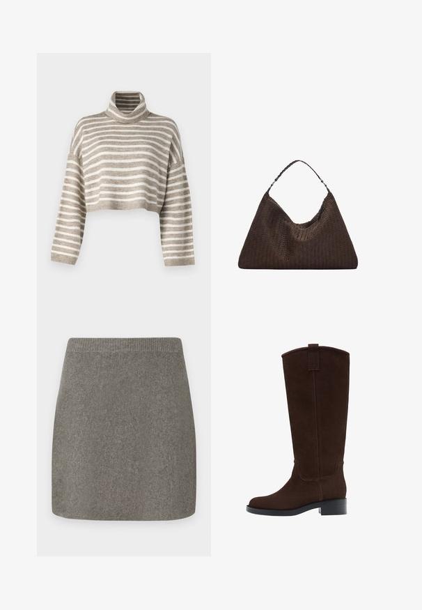 Manteau en laine brun avec un col haut, des détails de boutons aux épaules, des manches longues et une ceinture assortie à la taille. Finition en tissu texturé.; Pull à col roulé cintré en rayures marron clair et crème. Fabriqué dans un matériau doux, avec des manches larges et des poignets côtelés.; Jupe mini en tricot gris avec une taille côtelée, texture lisse et coupe droite, conçue pour une silhouette ajustée.; Bottes en suède marron, hautes jusqu'au genou, avec un bout rond, des coutures discrètes et un petit talon carré ; elles sont dotées d'une lanière à l'arrière pour faciliter l'enfilage.; Sac à main en cuir tissé marron avec une forme triangulaire et souple. Il possède une poignée tressée et une fermeture éclair sur le dessus.