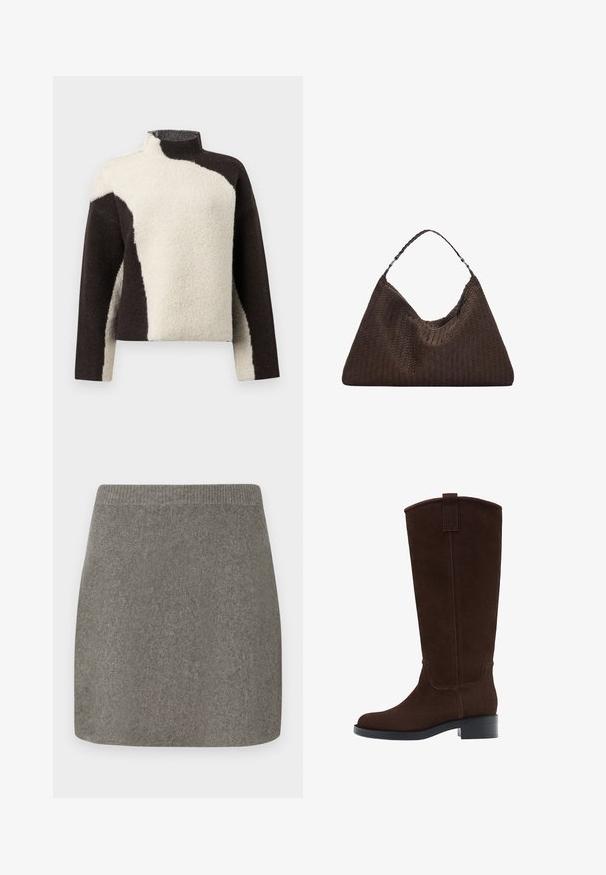 Brązowy wełniany płaszcz z wysokim kołnierzem, z zapięciem na guziki na ramionach, długimi rękawami i pasującym paskiem w talii. Teksturowany wykończenie tkaniny.; Sweter z polaru z wysokim kołnierzem, w kolorze brązowym i kremowym, z delikatną, teksturowaną powierzchnią.; Szara dzianinowa mini spódnica z prążkowanym paskiem w talii, gładką teksturą i prostym krojem, zaprojektowana z myślą o dopasowanej sylwetce.; Brązowe zamszowe kozak z zaokrąglonym noskiem, subtelnymi przeszyciami i niskim słupkowym obcasem; mają pętelkę na górze, co ułatwia zakładanie.; Brązowa torebka skórzana pleciona o luźnym, trójkątnym kształcie. Posiada pleciony uchwyt i zamek błyskawiczny na górze.