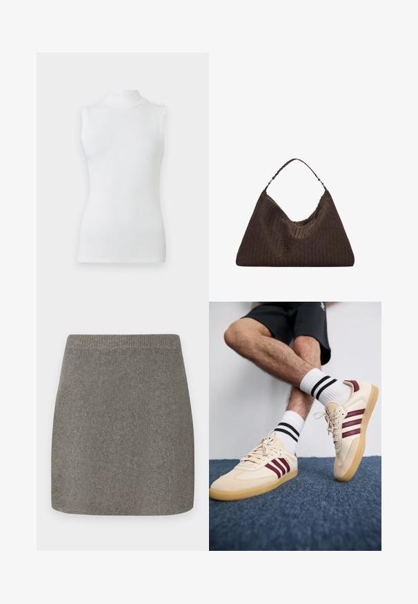 Brauner Wollmantel mit hohem Kragen, geknöpften Schulterdetails, langen Ärmeln und einem passenden Gürtel in der Taille. Texturierte Stoffoberfläche.; Ärmelloses weißes Oberteil mit Stehkragen, in taillierter Form und aus glattem Stoff, vor einem schlichten hellen Hintergrund.; Grauer gestrickter Minirock mit einem gerippten Bund, glatter Textur und gerade geschnitten, entworfen für eine figurbetonte Silhouette.; Beige Sneakers mit maronenfarbenen Streifen, strukturiertem Obermaterial und Gummisohle, kombiniert mit gerippten weißen Socken mit schwarzen Streifen.; Braune, geflochtene Lederhandtasche mit einer lässigen, dreieckigen Form. Verfügt über einen geflochtenen Griff und einen Reißverschluss an der Oberseite.