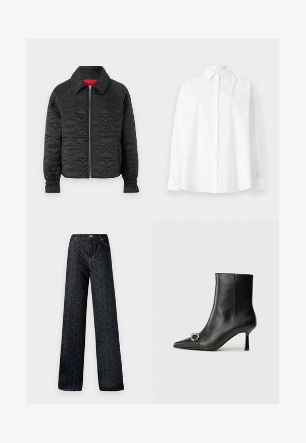 Juodas siuvinėtas paltas su užtrauktuku priekyje, turintis apykaklę, elastingas rankogalius ir embossingiuotas gėlių raštas visame paviršiuje. Raudonas vidinis etiketė.; Balta klasikinė marškinė su klubinėmis, pagaminti iš medvilnės, pasižymintys klasikinio apykaklės, ilgomis rankovėmis ir subtilia širdelės siuvinėjimu viršutiniame kairiajame kampe.; Tamsiai mėlynos plačios kojų džinsai su geometriniu raštu, pagaminti iš džinsinio audinio. Yra metalinis mygtukas, užtrauktukas ir priekiniai kišenės siuvinėtojai.; Juodas odinis apavas iki kulkšnies su smailiu nosiu, plonu vidutinio aukščio kulnu ir sidabriniu sagties akcentu šone, prieš paprastą foną.