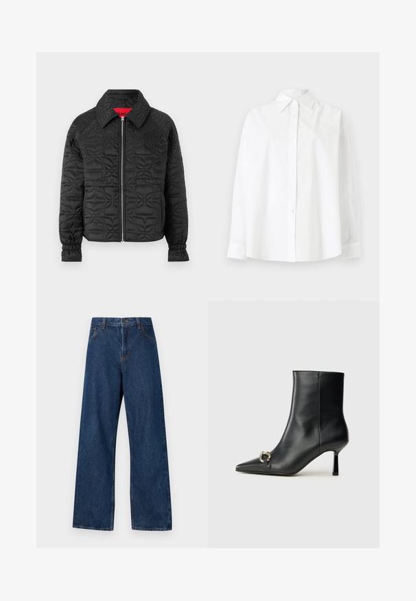 Giacca nera trapuntata con zip frontale, caratterizzata da un colletto, polsini elastici e motivi floreali in rilievo su tutta la superficie. Etichetta interna rossa.; Camicia bianca con bottoni realizzata in cotone, dotata di colletto classico, maniche lunghe e un sottile ricamo a forma di cuore sul lato sinistro superiore.; Jeans blu scuro a gamba larga realizzati in denim con un classico design a cinque tasche. Presentano cuciture a contrasto e una chiusura frontale con bottone.; Stivale alla caviglia in pelle nera con punta affusolata, tacco sottile di media altezza e dettaglio in fibbia argentata sul lato, su sfondo semplice.