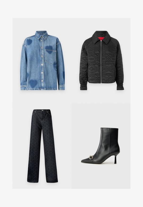 Fekete steppelt dzseki cipzárral elöl, gallérral, rugalmas mandzsettákkal és dombornyomott virágmintákkal. Piros belső címke.; Világoskék farmering, szív alakú díszítéssel, hegyes gallérral, elülső zsebekkel és gombos záródással. Puha, texturált anyag.; Sötétkék, bő szabású farmernadrág geometrikus mintával, denim anyagból készült. Fém gomb, cipzáras zipzár és elülső zsebszegés jellemzi.; Fekete bőr bokacsizma hegyes orral, vékony közép magasságú sarokkal és ezüst csattal az oldalon, sima háttér előtt.