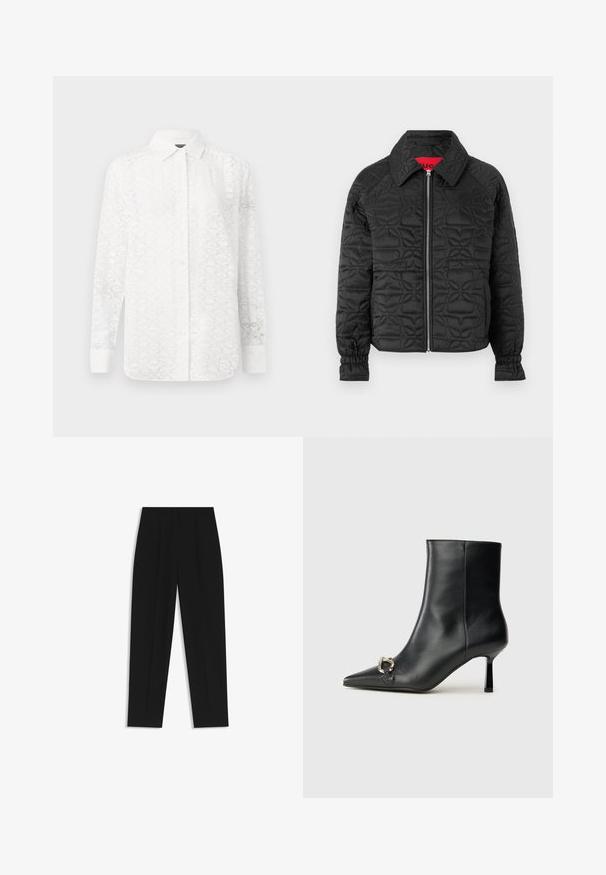 Schwarze gesteppten Jacke mit Reißverschluss vorne, gekennzeichnet durch einen Kragen, elastische Manschetten und geprägte Blumenmuster überall. Rotes Innenetikett.; Weißes Langarmhemd mit einem subtilen geometrischen Muster, mit einer Knopfleiste, Kragen und Manschetten; aus leichtem Stoff gefertigt.; Schwarze Hose mit geradem Schnitt, doppelten Falten, einer glatten Textur und einem klassischen Bunddesign. Keine sichtbaren Beschläge oder Akzente.; Schwarze Leder-Stiefelette mit spitzer Zehe, schlankem, mittelhohem Absatz und silberner Schnalle seitlich vor einem schlichten Hintergrund.