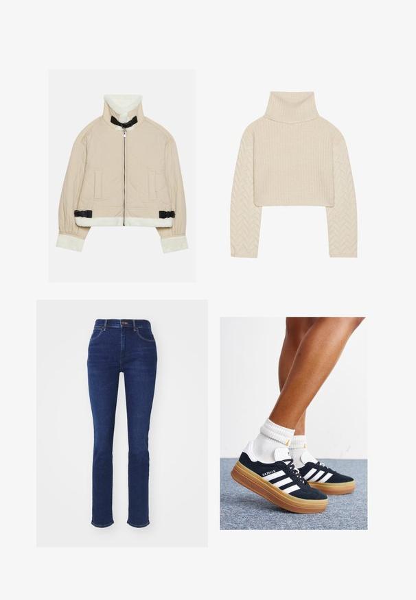 Kvadrično bež jakna sa mekanim bijelim kragnom i manžetama od flisa, sa prednjim zatvaračem i crnim kopčama kao akcentima. Uključena su dva prednja džepa.; Kremasti skraćeni pulover s visokim ovratnikom, tijelo od teksturiranog pletenja i rukavi s uzorkom riblje kosti. Izrađen od mekog prediva.; Tamno plavi traperice, visokog struka s uskim krojem. Ima prednje džepove i kopčanje na dugme. Rub je blago iznošen.; Crne tenisice od brušene kože s bijelim prugama i detaljima, okruglim vrhom, gumeni potplat boje gume, uparene s bijelim rebrastim čarapama.