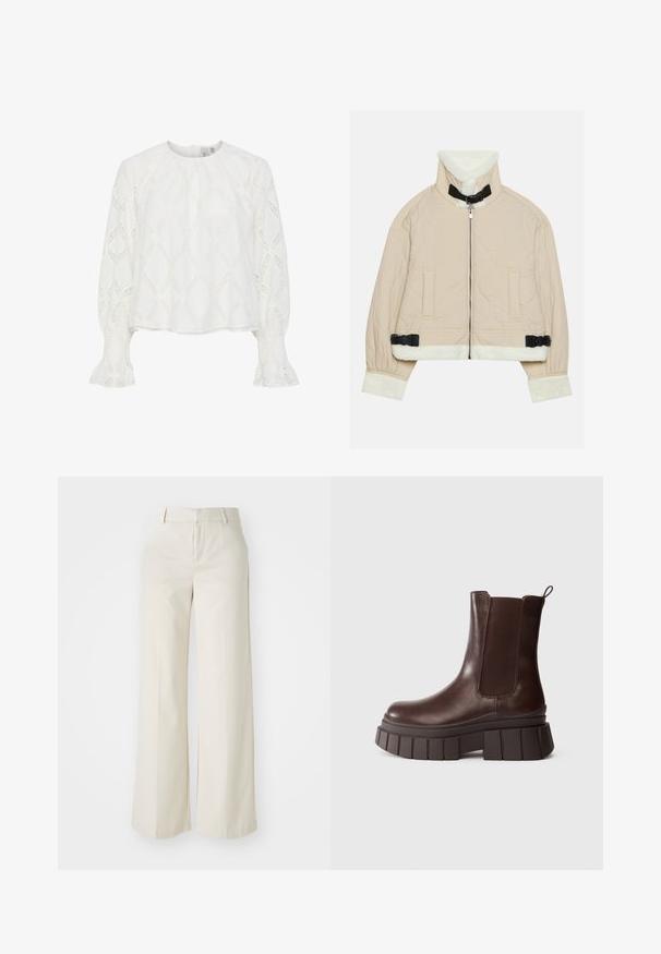 Prešívaná béžová bunda s mäkkým bielym fleecovým golierom a manžetami, s predným zipsom a čiernymi prackovými detailmi. Obsahuje dve predné vrecká.; Biela blúzka so štruktúrovaným diamantovým vzorom a naberanými rukávmi so smockovanými manžetami. Okrúhly výstrih; ľahký, priedušný materiál.; Široké nohavice svetlej béžovej farby, vyrobené z hladkej textílie. Majú klasický pás a rovný predok s čistými líniami.; Tmavohnedé kožené členkové topánky s hrubou, masívnou podrážkou a elastickým postranným panelom, umiestnené na jednoduchom bielom pozadí.