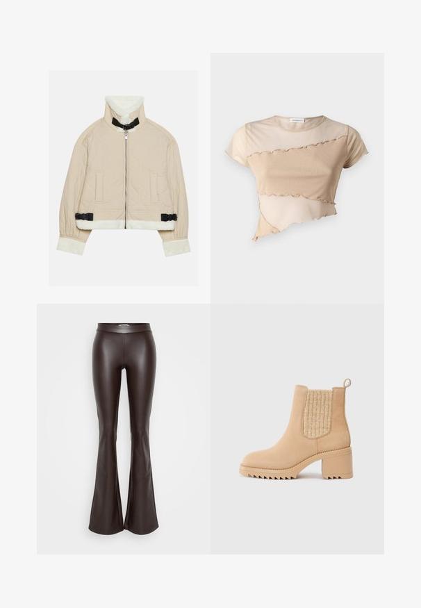 Giacca trapuntata beige con colletto e polsini in morbido pile bianco, dotata di cerniera anteriore e dettagli in fibbia nera. Inclusa una coppia di tasche frontali.; Crop top beige realizzato in morbido tessuto, con orlo arricciato e design asimmetrico dalle trame contrastanti. Maniche corte e collo a giro.; Pantaloni a zampa d'elefante in finta pelle marrone con una texture liscia e una vita aderente, che presentano un'apertura a zampa che inizia sotto il ginocchio.; Stivale beige alla caviglia con un pannello in maglia testurizzata, punta arrotondata e tacco quadrato spesso. Presenta una suola rigata per una migliore aderenza.